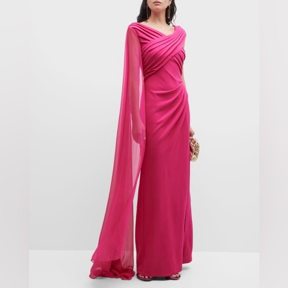 Tadashi Shoji Dresses & Skirts - Tadashi Shoji Pink Pleated Crepe Chiffon Cape Gown
